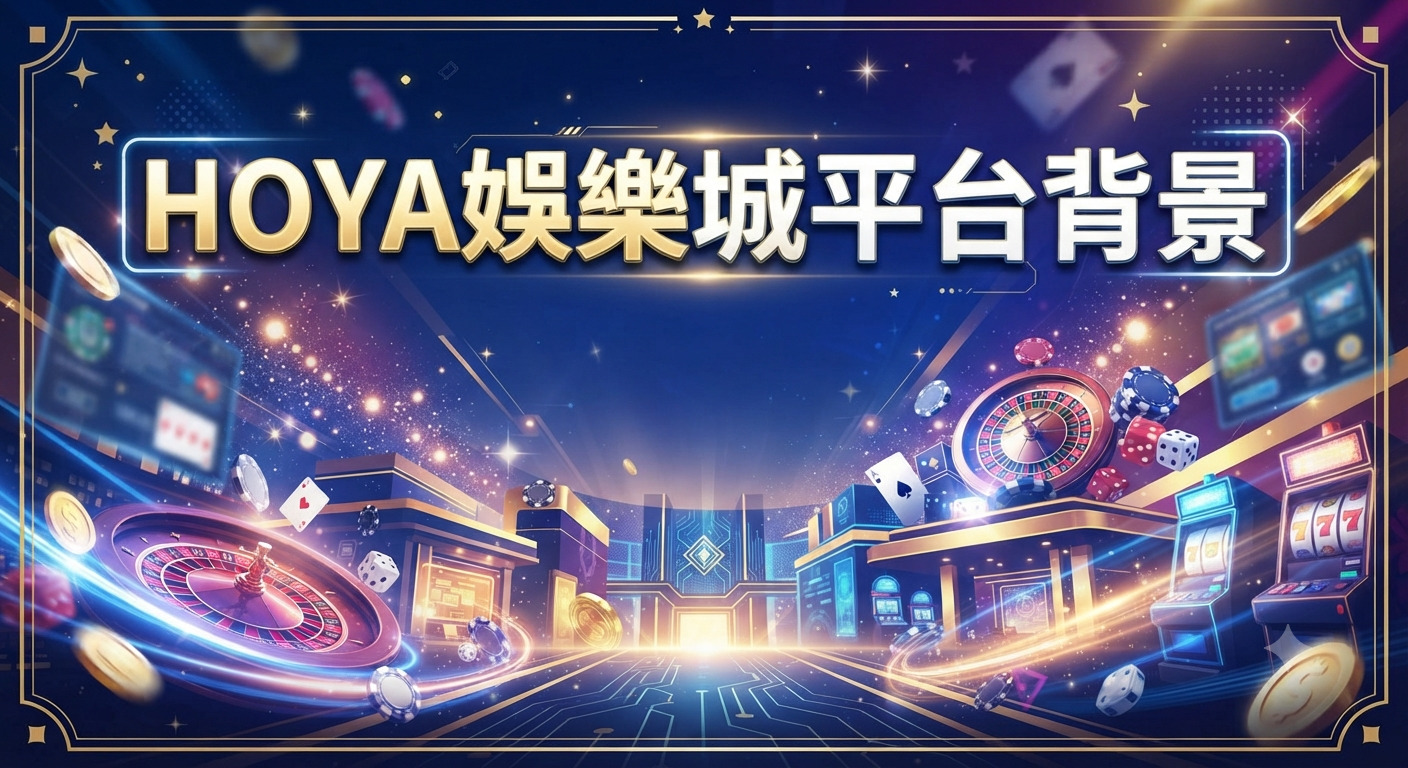 這是一張專為「HOYA娛樂城」設計的豪華背景圖，畫面融合了輪盤、吃角子老虎機與發光的籌碼，營造出充滿科技感與高級質感的博弈氛圍。 圖片中央醒目地呈現了「HOYA娛樂城平台背景」標題，整體色調以深邃的科技藍搭配璀璨金光，展現出專業且吸睛的視覺風格。