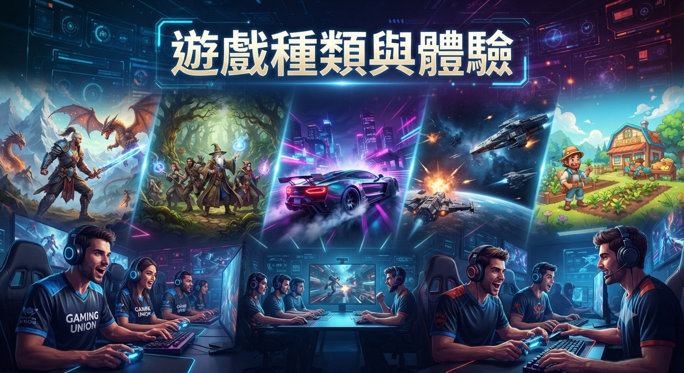 這張圖片展示了多元的遊戲種類與沉浸式體驗，並結合了專業玩家在電競空間中熱情投入的場景。 上方標題呈現「遊戲種類與體驗」，下方則細緻描繪了玩家們沉浸在角色扮演、賽車競速、科幻冒險與休閒模擬等多樣化遊戲世界中的互動畫面。