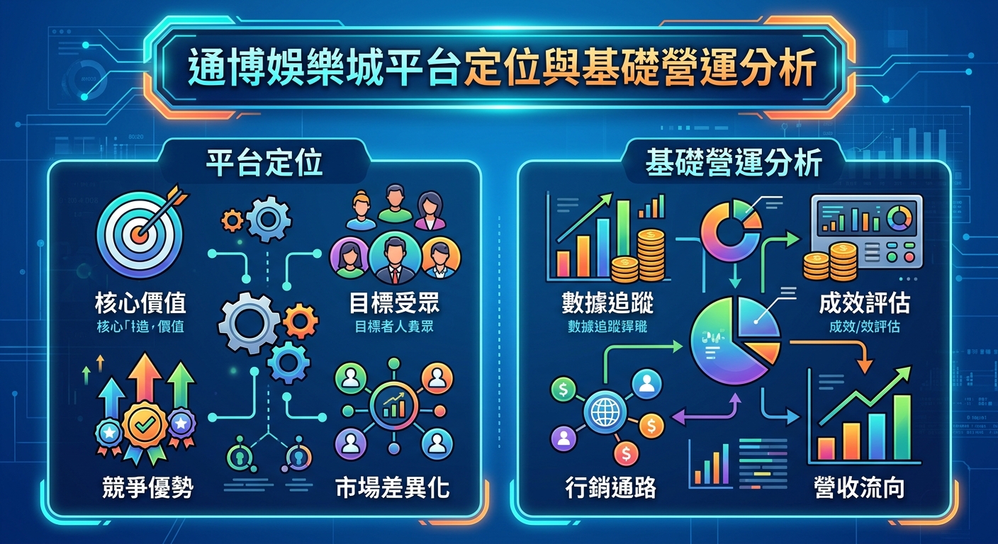這裡是一張數位科技風格的營運分析圖表,整體採用深藍色背景搭配高科技感的光軌與光暈。 圖表上方以醒目的框飾標示標題「通博娛樂城平台定位與基礎營運分析」,下方分為「平台定位」與「基礎營運分析」兩大核心區塊,並透過目標、齒輪、圓餅圖及數據圖表等豐富圖標呈現專業經營架構。